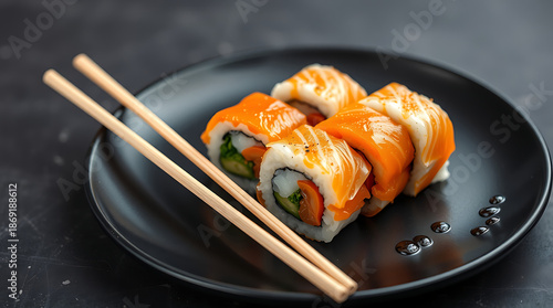 Premium Salmon Sushi Rolls on Black Slate Board