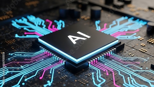 AI processor chip with glowing cyan and pink circuit pathways, signifying artificial intelligence and advanced computing technology.