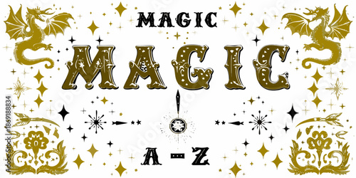 Golden dragons flank a magical magic text design with sparkling details