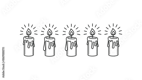 Black and white line art of five lit candles with melting wax