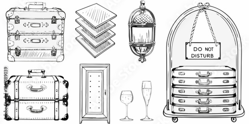 Vintage travel themed sketches suitcases birdcage and luggage illustrations