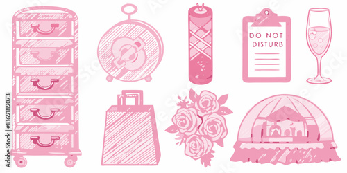 A collection of pink illustrated objects including furniture flowers and accessories