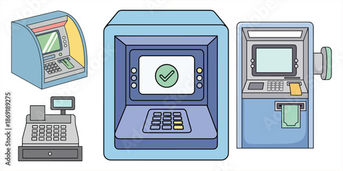 Various types of modern payment machines including an atm a cash register and a credit card terminal on a white background with ATMs and cash registers and retail