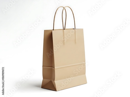 A brown paper bag with handles standing upright on a white surface from a frontal viewpoint