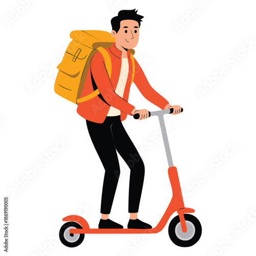 Vector illustration of male courier riding kick scooter with parcel box ideal for fast shipping delivery service logistics and cartoon transportation design