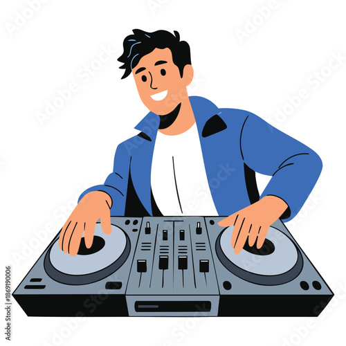 Vector illustration of male DJ playing music at console mixer. Smiling man with headphones mixing audio sounds on deck in cartoon musician style