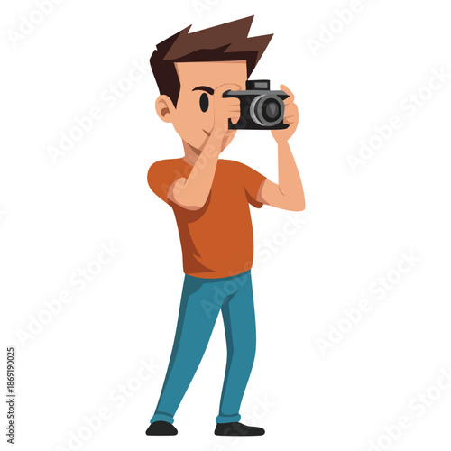 Vector illustration of male photographer character with camera isolated on white background ideal for hobby or professional photography design creative themed artwork