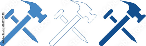 blue and white icons of hammers and pencils crossed over each other