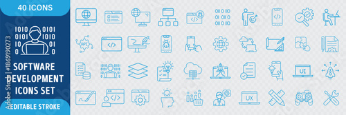 Software Development Line Icon Set. Programming, Coding, Web and App Development, IT, Technology, Debugging and Engineering Icons. Editable Outline Stroke. Vector