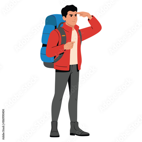 Vector illustration of man with backpack pointing finger ideal for hiking adventures camping travel backpacking expedition and outdoor exploration themes