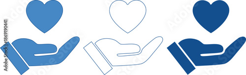 Blue heart and hand icons in various styles and shades on transparent background for love and care concepts