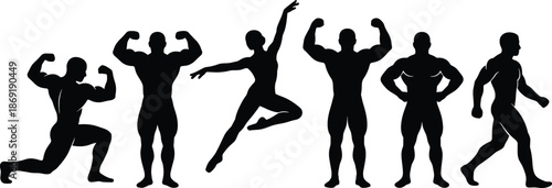 Athletic male bodybuilder and dancer silhouettes set, muscular fitness poses and movement, strength, performance, sports training, black vector illustration