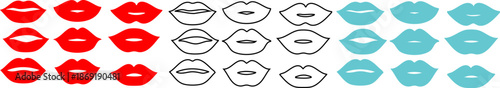 colorful illustration of various lip silhouettes in red black gray and blue on white background