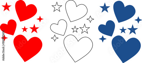 red blue and black heart and star shapes on white background for graphic design