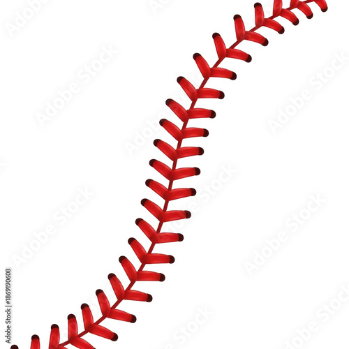 A single perfectly straight line of raised, vibrant red baseball stitching in a classic v-pattern, isolated on white. Concept of minimalist sports branding