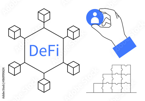 DeFi concept. Decentralized Finance systems with blockchain network nodes. DeFi exploring user identity, blockchain connectivity, and collaborative solutions. For fintech, innovation, collaboration
