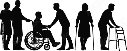 Caregiver and senior assistance silhouettes showing disability support, elderly care, rehabilitation help, and compassionate healthcare interaction concept illustration isolated on white