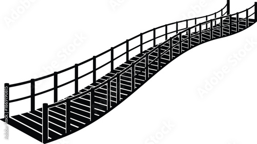 Curved wooden footbridge silhouette illustration, pedestrian bridge pathway design, outdoor park crossing structure, minimal black vector for landscape and architecture concepts