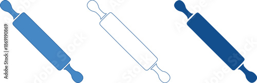 Three rolling pins in different shades of blue and outline on white background