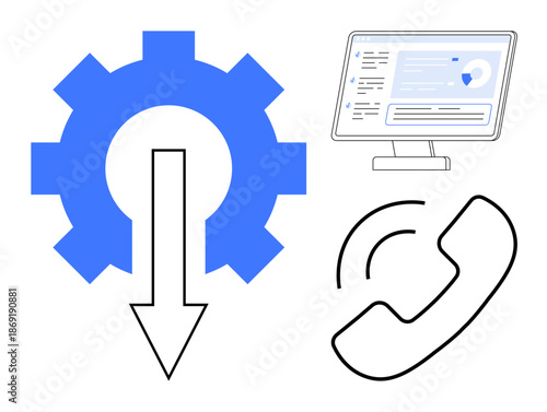 Technology, automation, communication tools, customer support, workflow management, data processing. A gear with a downward arrow, monitor with a screen and phone icon. Technology and automation