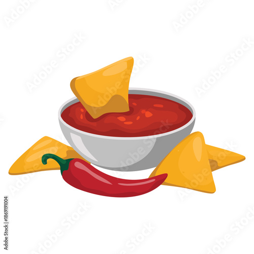 Vector illustration of nachos with spicy salsa and chili pepper corn chips isolated on white background ideal for food snack recipe or culinary themed artwork
