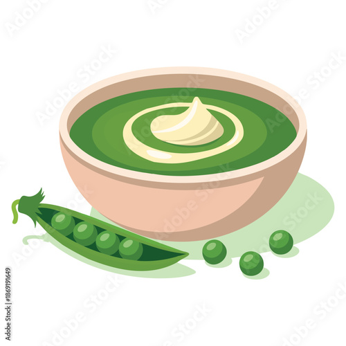 Vector illustration of pea soup with cream in bowl fresh pea pods icon isolated on white background ideal for cooking recipe menu or food artwork
