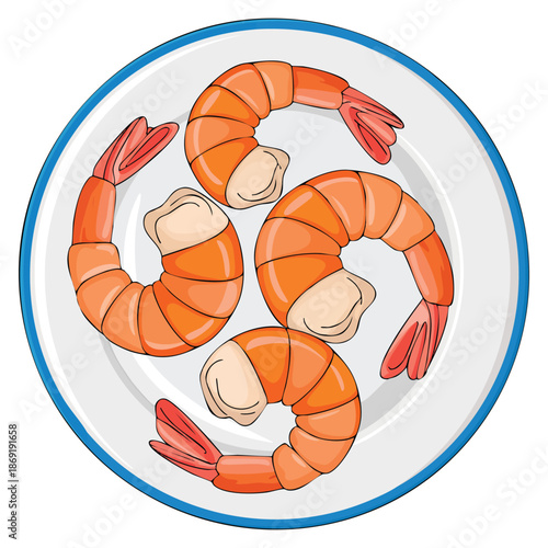 Vector illustration of pieces of shrimps on round plate perfect for food menu layout culinary visuals seafood restaurant branding or cooking themed artwork