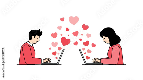 Couple Connecting Online with Love Hearts, Digital Romance, Long Distance Relationship
