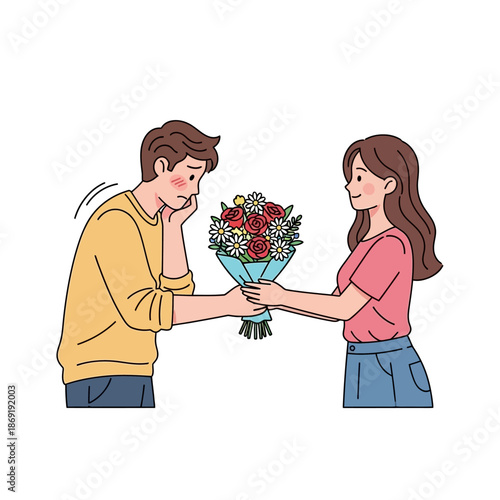 Woman giving flowers to shy man, romantic gesture, illustration