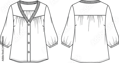 Women button front blouse technical flat, front back view fashion cad drawing, long sleeve shirt outline vector illustration, apparel template