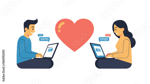 Online Dating Couple Chatting with Heart Symbol