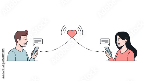 Couple Communicating via Smartphones, Sending Love Messages and Heart Signals Online