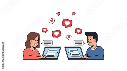 Couple Chatting Online with Love Hearts and Social Media Likes