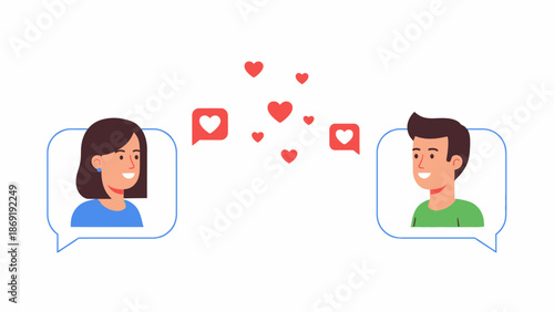 Couple in love, dating app, online chat, hearts and likes, vector illustration