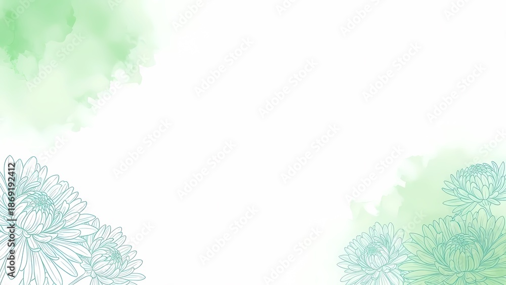 Obraz premium 淡い緑色背景の上 delicateな花の線画がそっと寄り添う