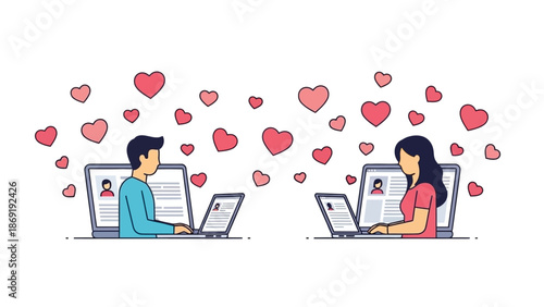Online Dating Concept with Hearts, Couple Connecting via Laptops