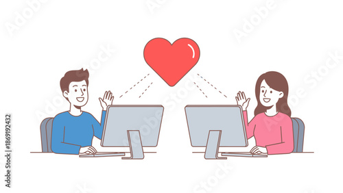 Couple connecting online with love heart symbol, long distance relationship, dating app concept