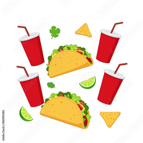 Tacos with soda drinks, lime slices, and nachos isolated