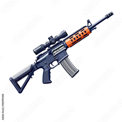 Tactical assault rifle with scope and orange accents.