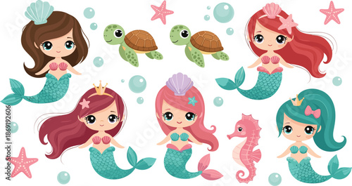 Cute mermaid illustration set, cartoon little mermaids sea turtle seahorse bubbles for kids fantasy ocean design vector