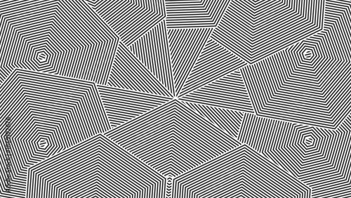 Seamless monochrome geometric background featuring repeating hexagon and polygon forms with bold striped lines, ideal for wallpaper, textile, and surface design.