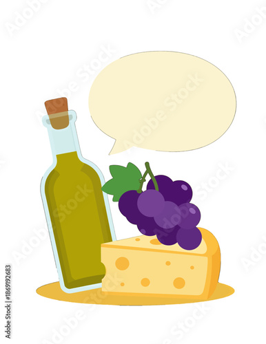 Wine bottle with cheese and grapes illustration