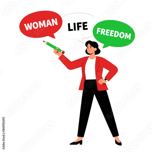 Woman holding pencil with speech bubbles