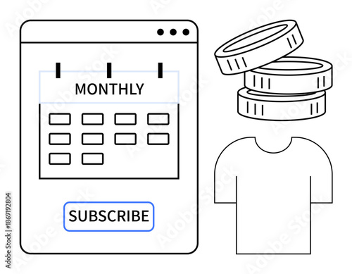Monthly plans, budgeting, e-commerce solutions, subscription models, business strategies, retail systems. Calendar with monthly plan, coins and t-shirt. Monthly plans and e-commerce solutions theme