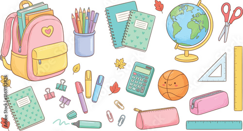 Cute school stationery illustration set, hand drawn backpack notebooks globe calculator supplies for kids education learning design vector