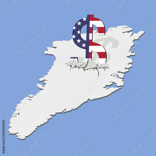 United states American American Dollar sing and Greenland map Concept of a possible military conflict, annexation, occupation, war, tension, Cooperation, partnership, negotiation background