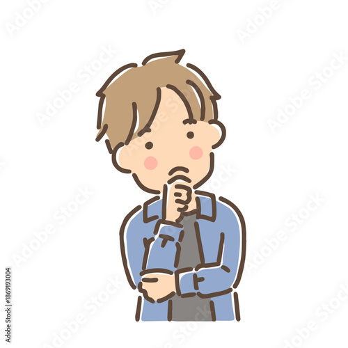 首をかしげて考え事をしている若い男性／単品