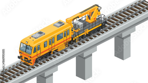 Isometric railway maintenance train illustration, track repair vehicle with crane on elevated rail infrastructure vector design engineering project