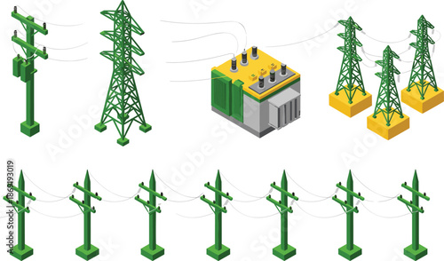 Electric power transmission illustration set, utility poles towers transformer and power lines for energy infrastructure design vector