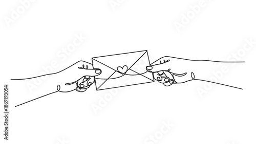 Minimalist Black Continuous Line Art of Love Letter Being Exchanged